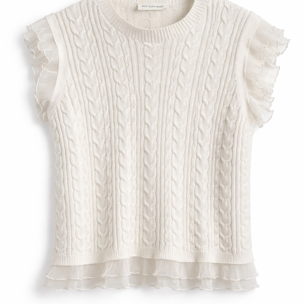 Ivory Cable Knit Ruffle Sleeve Sweater Tank